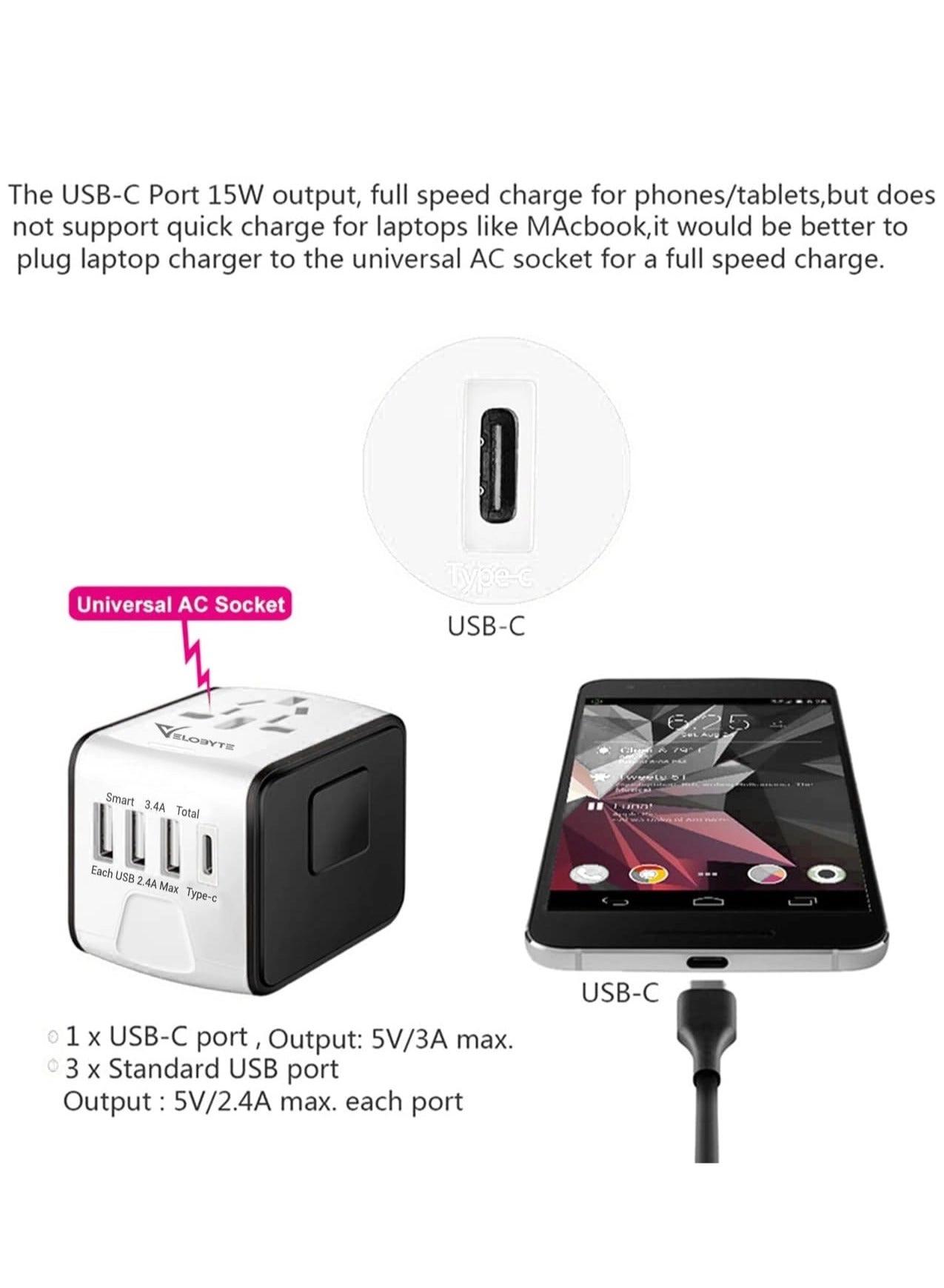 Travel Power Adapter - 2.4A USB 3.0A Type-C