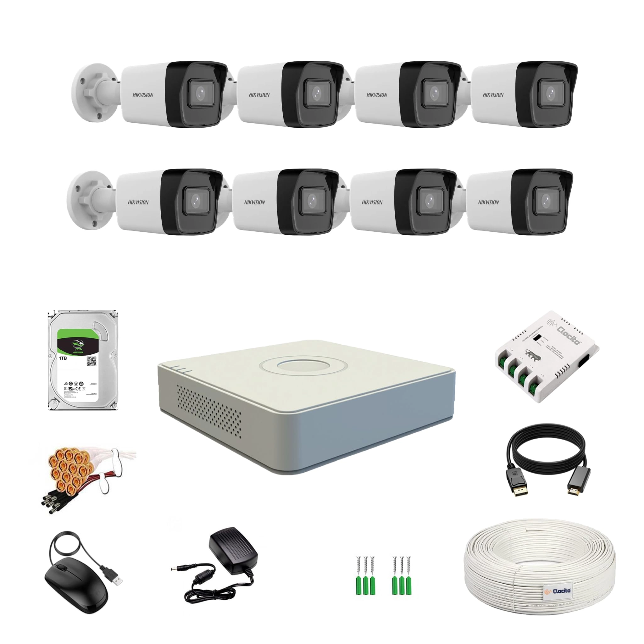 Prama Hikvision India Pvt.Ltd 8 Channel DVR + 2MP Bullet Camera + 1TB HDD + Cable Roll + 8 CH Power Supply + BNC & DC