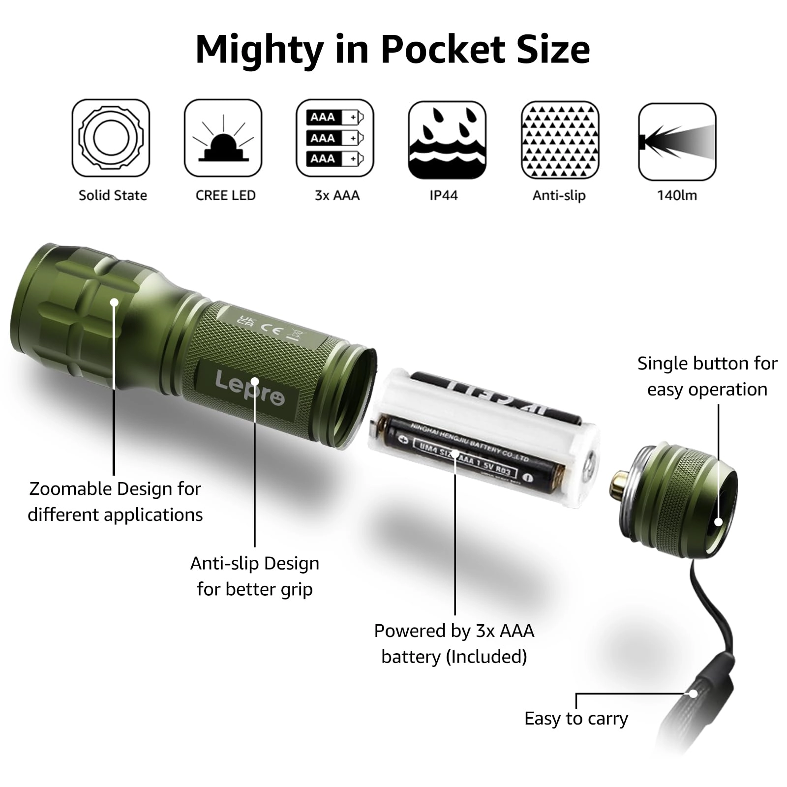 LED Flashlight - 140lm Waterproof Adjustable Focus 2 Pack