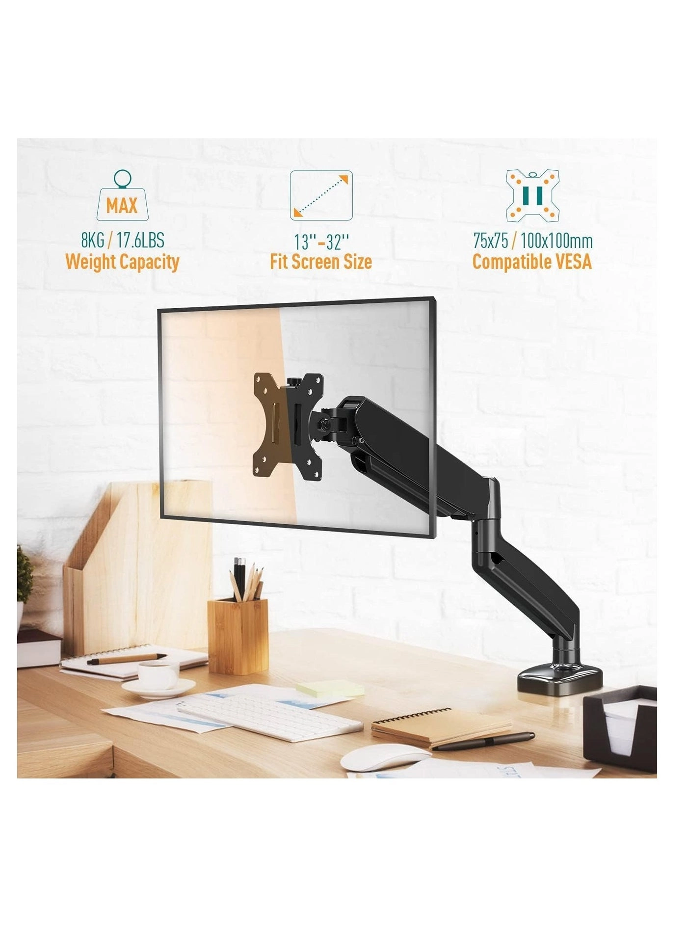 Single Monitor Arm - Single 13-32 Inch VESA 75x75/100x100mm