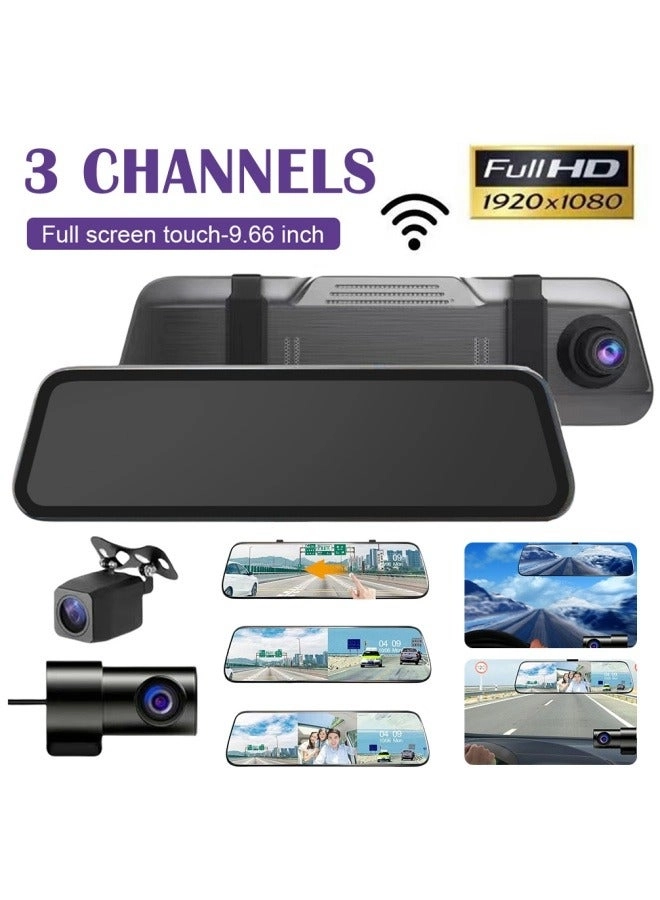 "9.66" Touch Screen Dash Cam Rear View Mirror - 3 Cameras Front/Inside/Rear, APP Control, HD Night Vision