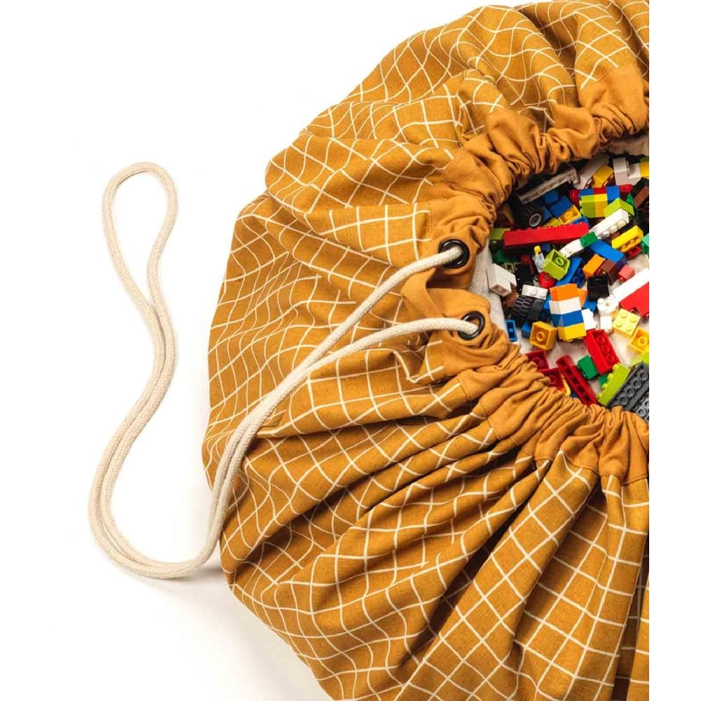 Organic Playmat & Storage Bag - Grid Mustard Suitable for 3 years & above