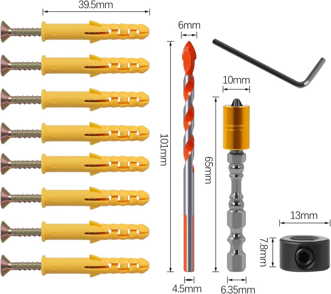 Self Tapping Screws + Triangle Drill Bit - 101mm + Limit Ring + Allen Wrench + Bit + Expansion Bolt - 39.5mm