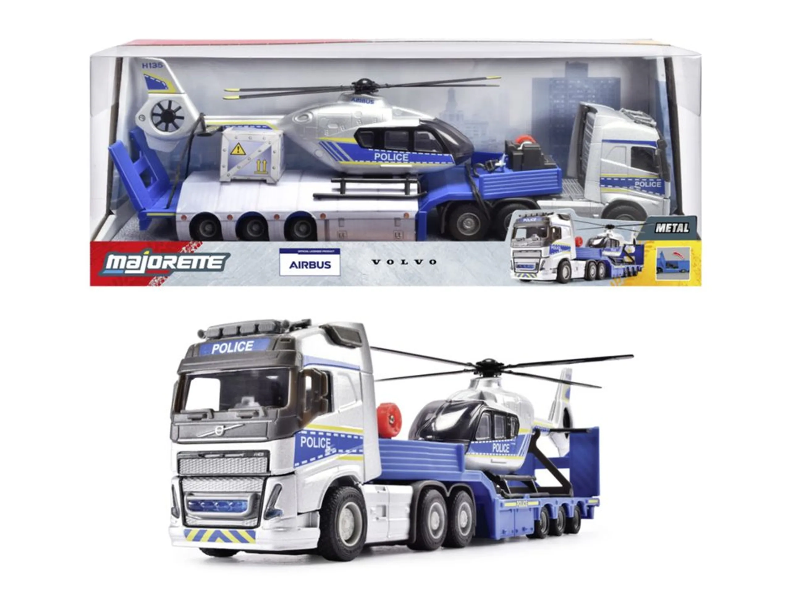 Majorette Volvo FH16 Truck - 35 cm + Airbus H135 Police Helicopter - 25.5 cm