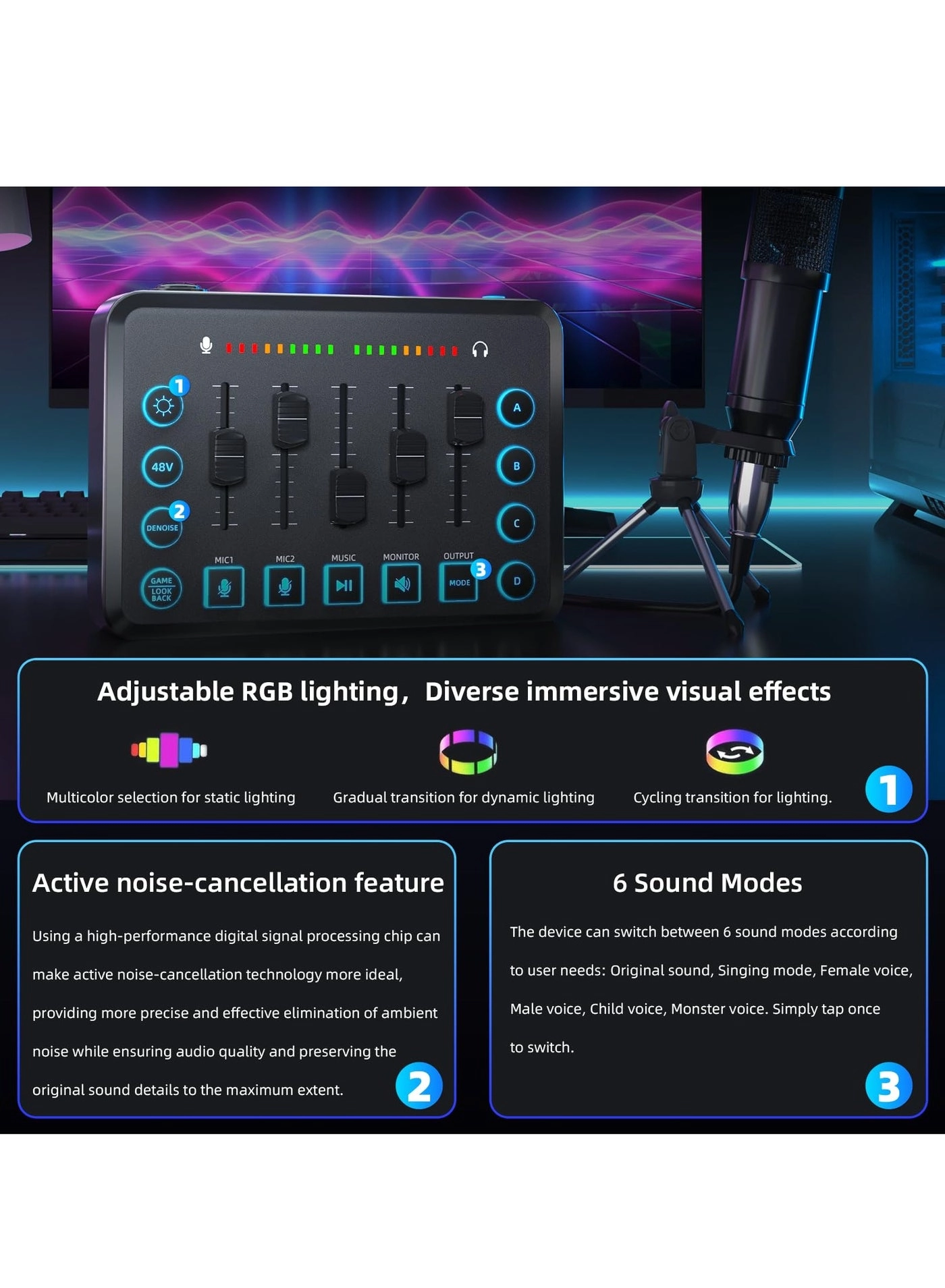 Audio Mixer + Microphone + Stand + Cables