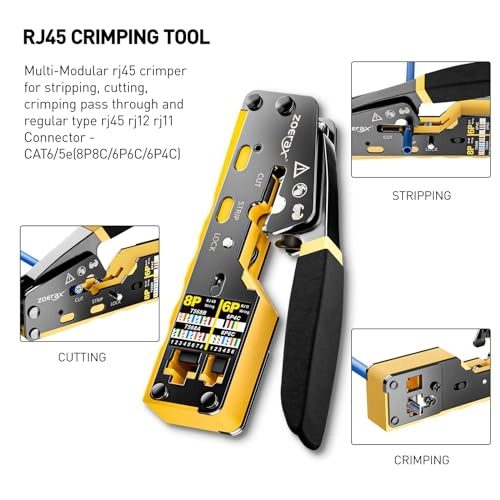 Pass Through Crimper + RJ45 Tester + 110/88 Punch Down Tool + Stripper + Cutter + Cat6 Pass Through Connectors and Boots - 4 6 8 LAN/Ethernet