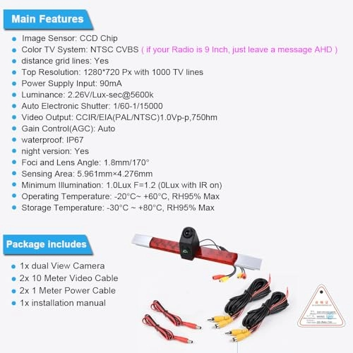 Rear View Mirror Monitor - 4.3 Inch Wired + Brake Light Camera - 1280 x 720 Night vision