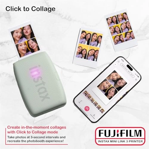 INSTAX MINI LINK 3 + Instax Mini Film - 40 Sheets + Instax Mini LINK 3 Protective Case - Green + Camera and Lens Cleaning Cloth