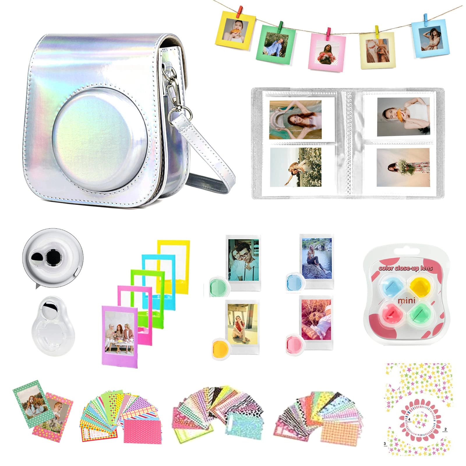 Mini 11 camera case + Mini photo album + Selfie lens + Color Filters + Plastic desktop photo frames + Rectangle hanging photo frames + border sticker + Camera sticker