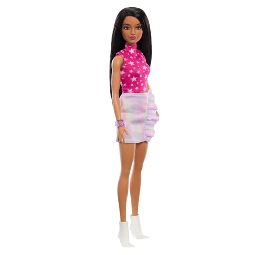 Barbie Fashionistas - Black Straight Hair Pink Star-Print Top Iridescent Skirt Ages 3+