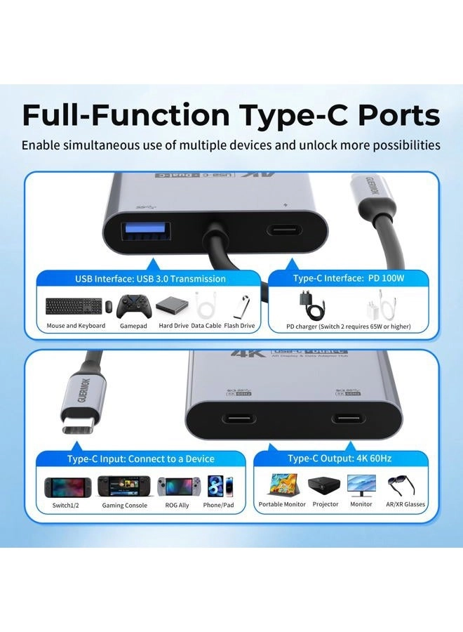4-in-1 Dual USB-C Display Hub - 4K@60Hz 100W PD USB 3.0 5Gbps