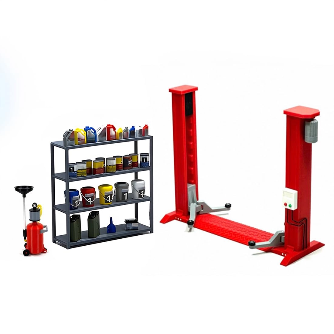 BAUBAUPLAY Car Repair Gantry Crane + Oil Storage Rack + Hydraulic Oil Extractor - plastic and metal 1:18