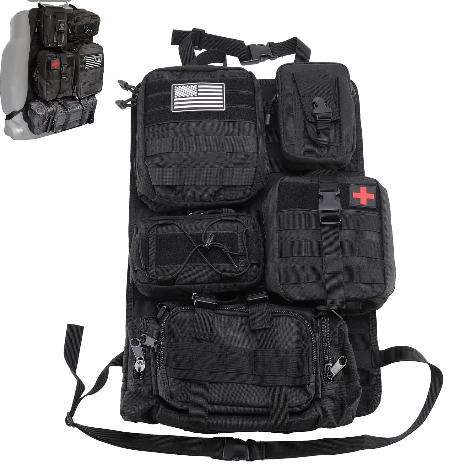 LengSuaa Tactical Car Seat Organizer - 5 Detachable Bag 600D Oxford Waterproof Black