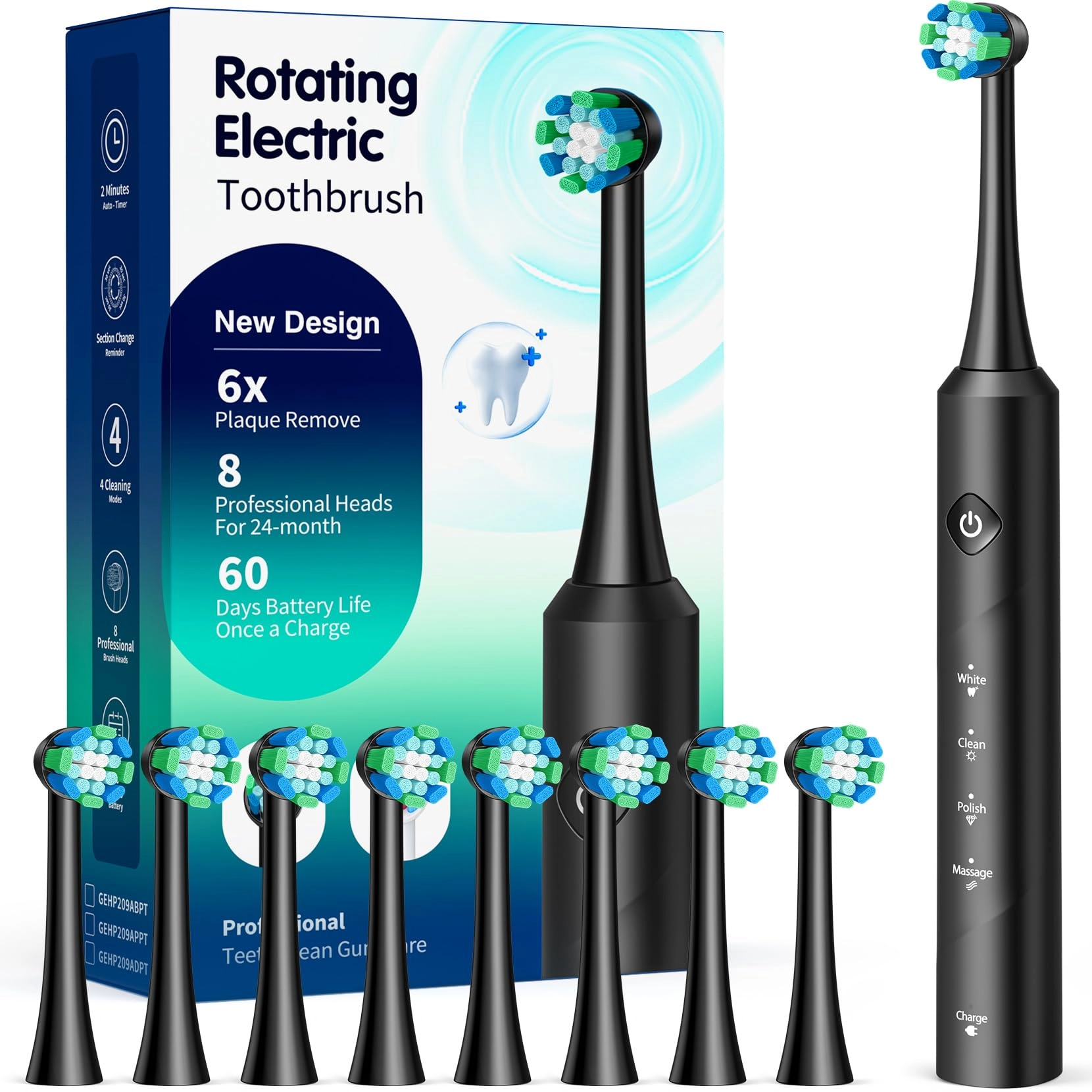 Rotating Electric Toothbrush - 8 Brush Heads 4 Modes 25-Day Battery Life