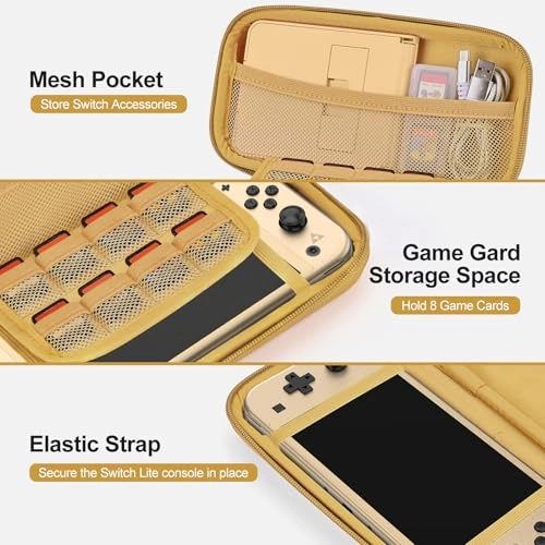 Switch Lite Carrying Case + Case Protector + Tempered Glass Screen Protector + Thumb Grips + Game Card Holder + Embroidery Sticker + Pendant + Stylus + Shoulder Strap + Wristband + Sticker - 18 in 1 Brown