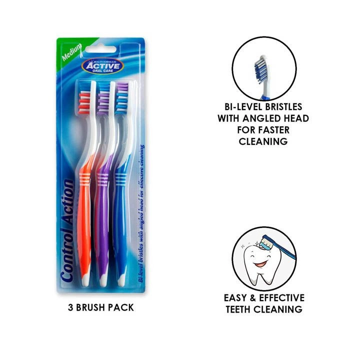 BEAUTY FORMULAS Control Action Tooth Brush - Medium 3-Piece Pack