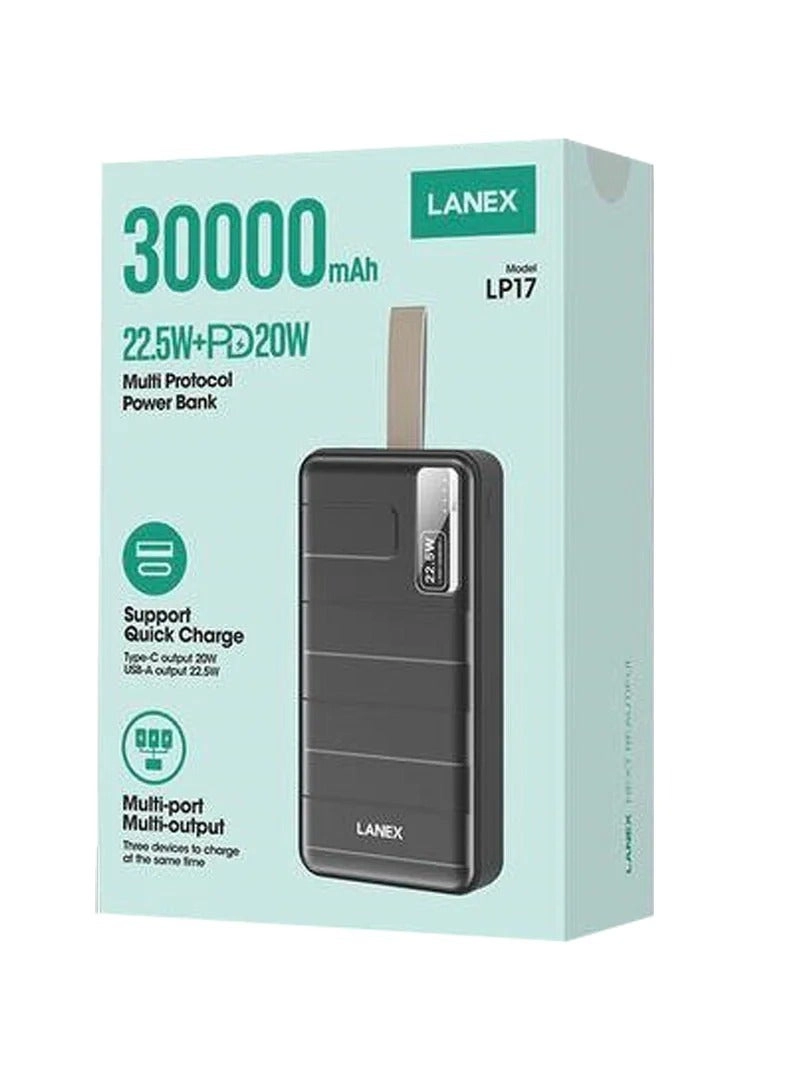 LANEX Multi Protocol Power Bank - 30000 Watt-hour 22.5W+PD20W