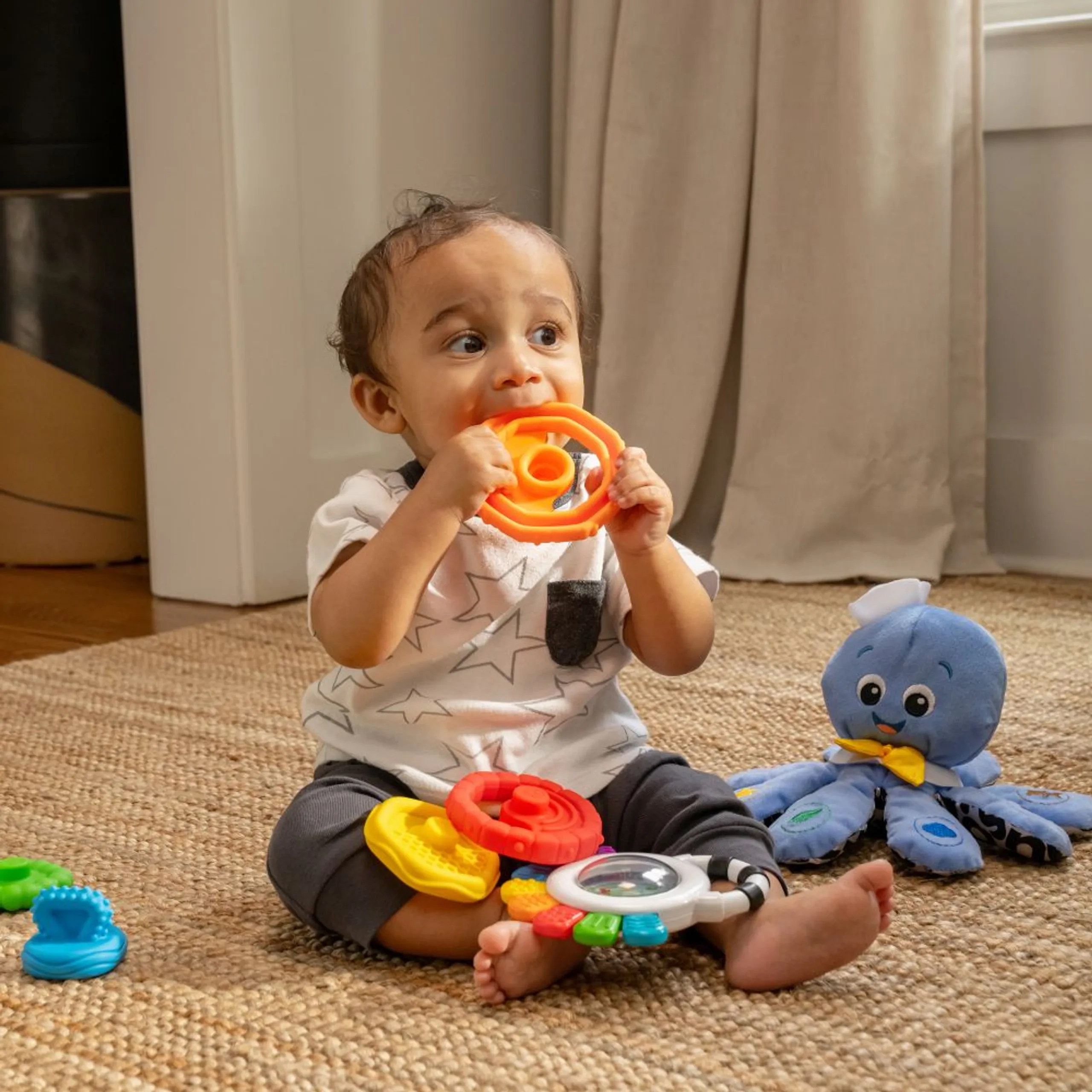 Opus Sensory Rattle & Teether + Octoplush Musical Toy + Stack & Teethe Teether Toy - Suitable for 3 to 12 mo