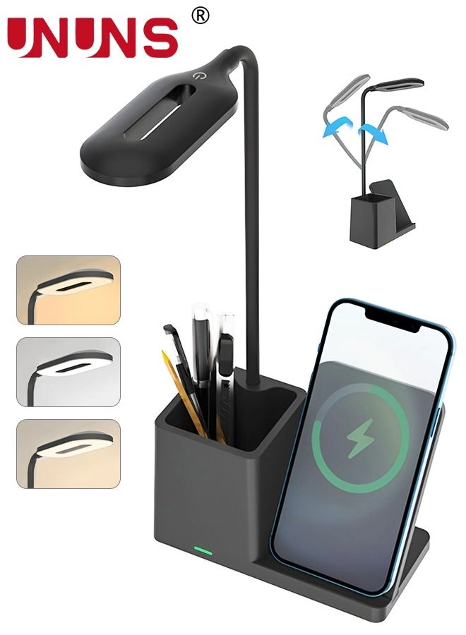 UNUNS Desk Lamp - Wireless Charger Pen Holder 3 Color Modes