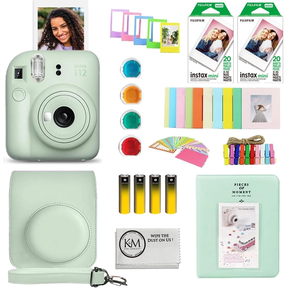 Fujifilm INSTAX MINI 12 - Mint Green + INSTAX Mini Instant Film - 20 Exposures + Camera Case + PhotoBook Album + Color Lens Set - 4 Colors + Creative Frame Set - 5pcs + Wall Decor Hanging Frame - 10pcs + Sticker Borders - 20pcs + AA Longlife Batteries - 4 Pack + Microfiber Cleaning Cloth