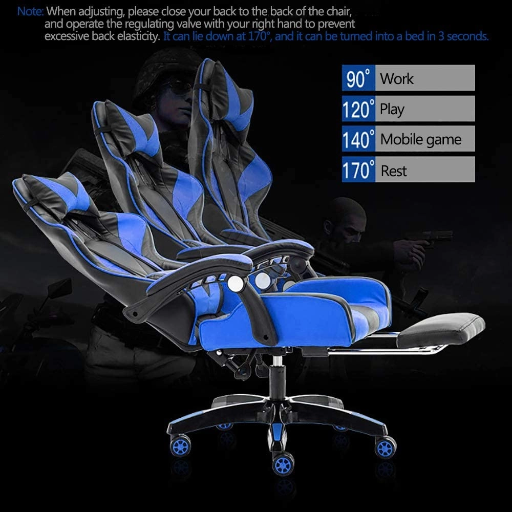 Adjustable Pu Leather Gaming Chair - Ergonomic Lumbar Support Footrest