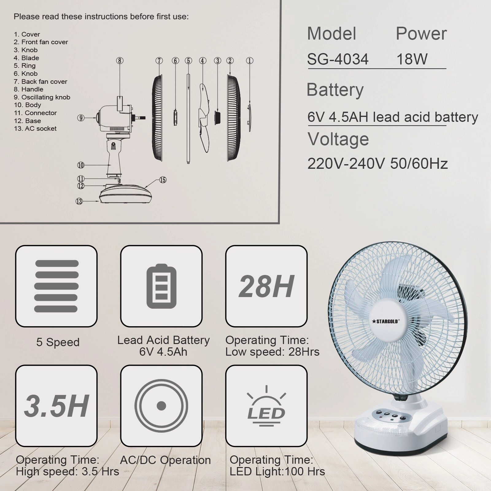 Rechargeable Oscillating Fan - 10 Inch