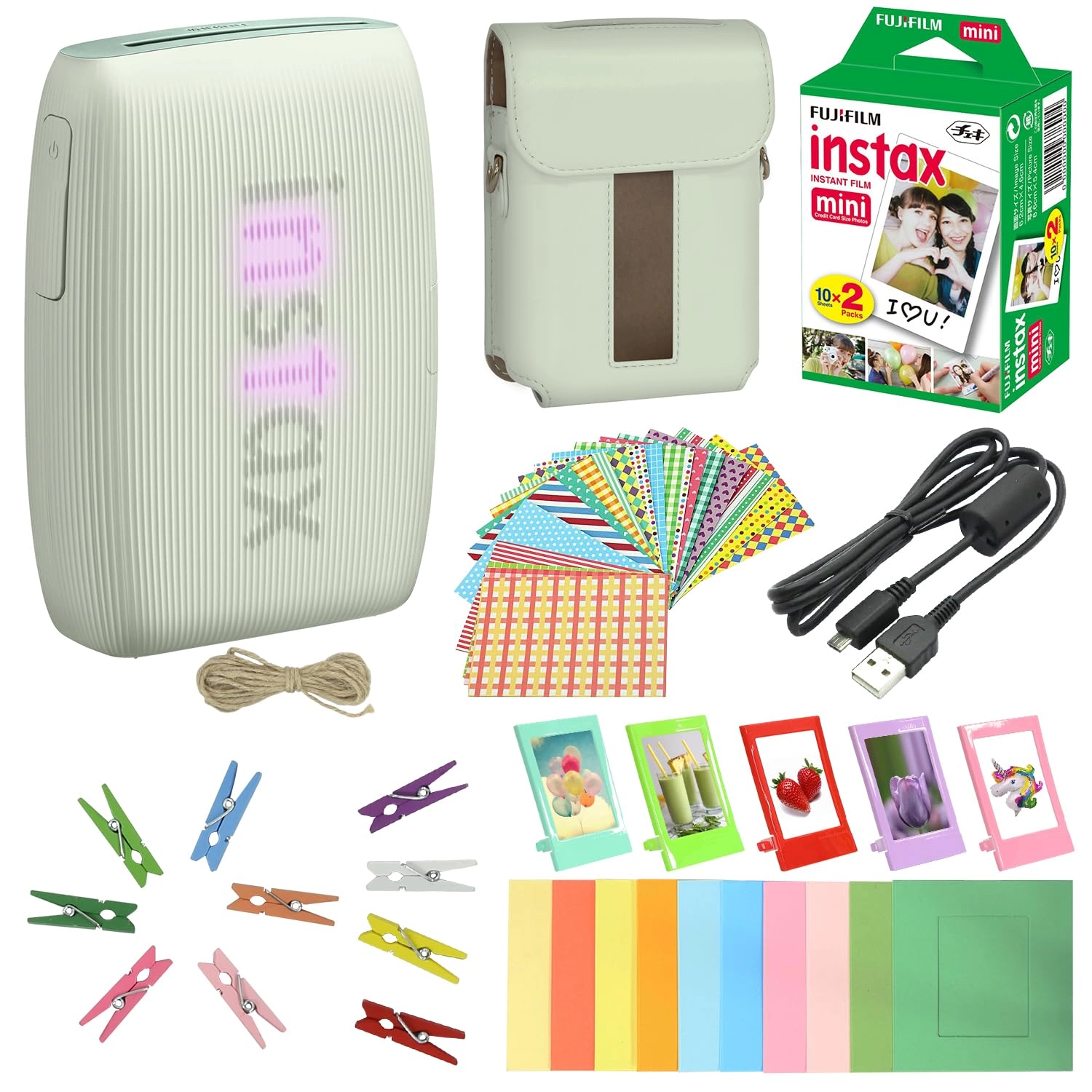 Fujifilm Inc Instax Mini Link 3 - Bluetooth + Instax Mini Instant Film - 20 Sheets + Instax Printer Case + Photo Frames + Sticker Pack