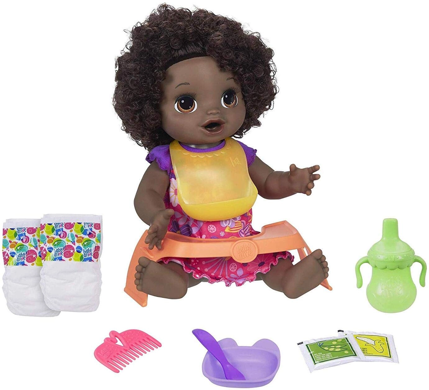 Baby Alive Happy Hungry Baby - Black Curly Hair 50+ Sounds Eats & Poops Ages 3+