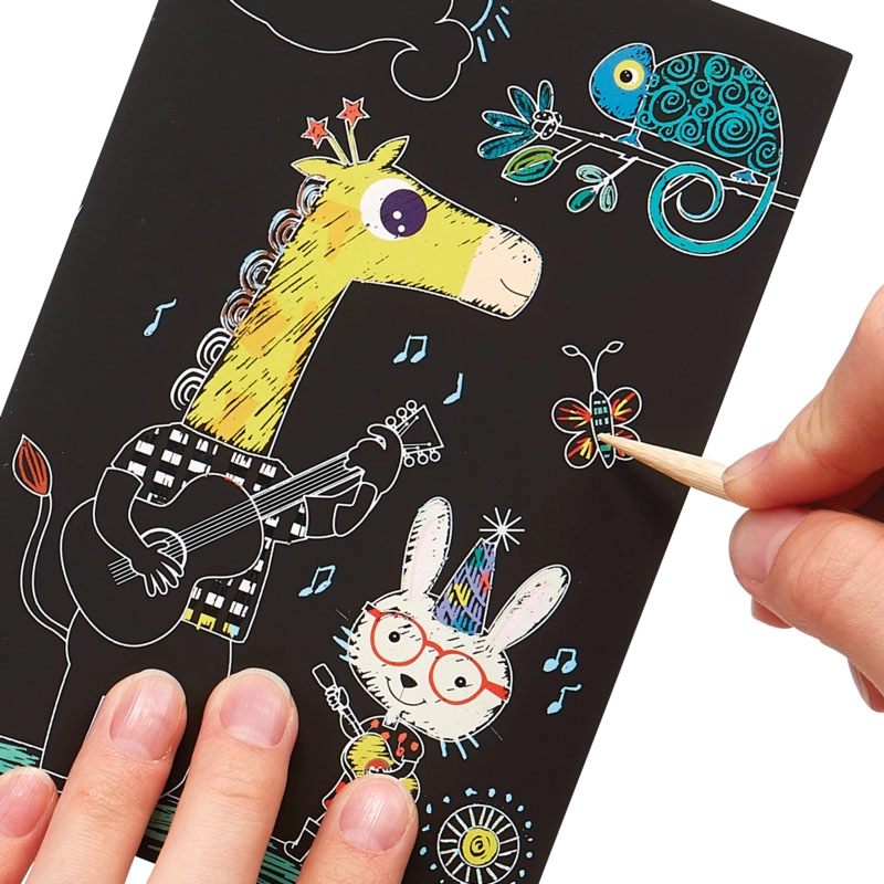 Mini Scratch & Scribble Art Kit - 4 illustrated scratch cards (4 x 6 inches) 2 rainbow DIY blank scratch cards (4 x 6 inches) 1 wooden stylus