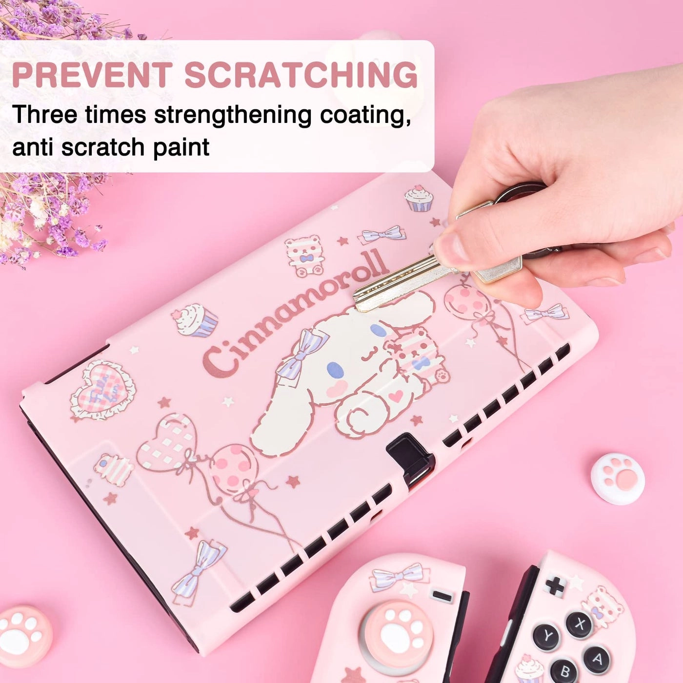 Cute Dog Switch OLED Protective Case - Silicone Shockproof Pink 4PC Cat Claw Thumb Grips Caps
