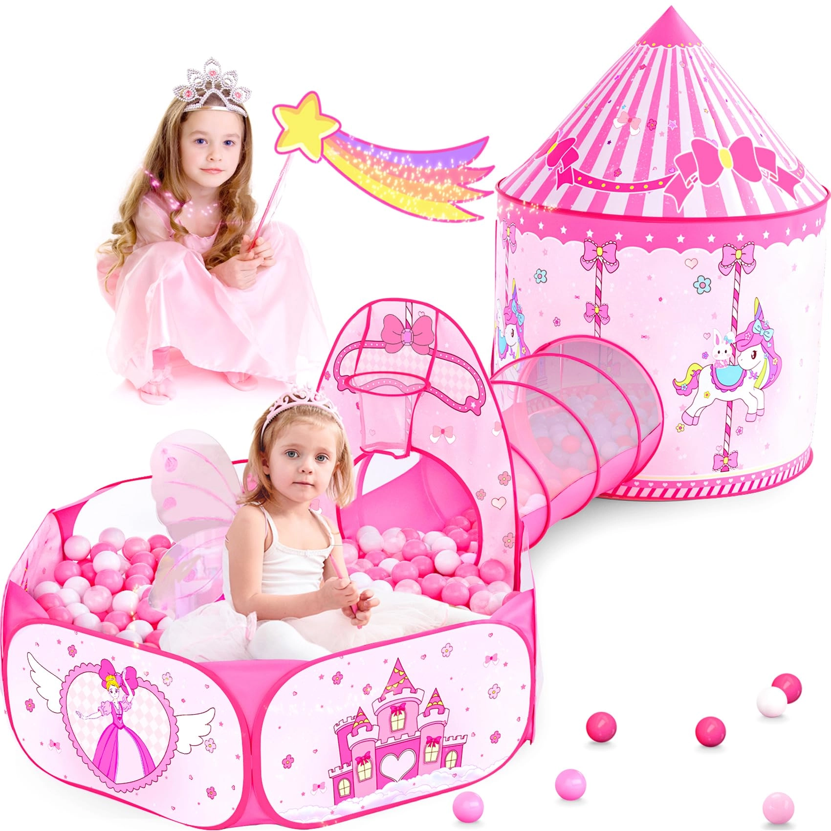 Shenzhenshi langfengcheng dianzi youxian gongsi Play Tent - Pink + Crawl Tunnel + Ball Pit