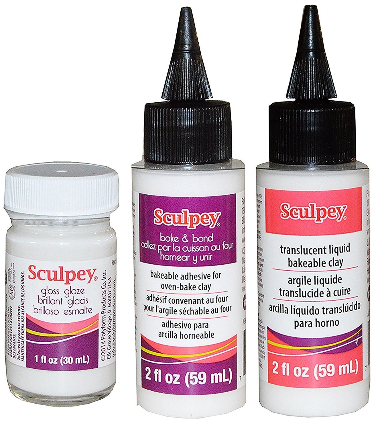 Sculpey Gloss Glaze - 1 Fl Oz + Bake and Bond Bakeable Adhesive - 2 Fl Oz + Translucent Liquid Bakeable Clay - 2 Fl Oz 3pcs.