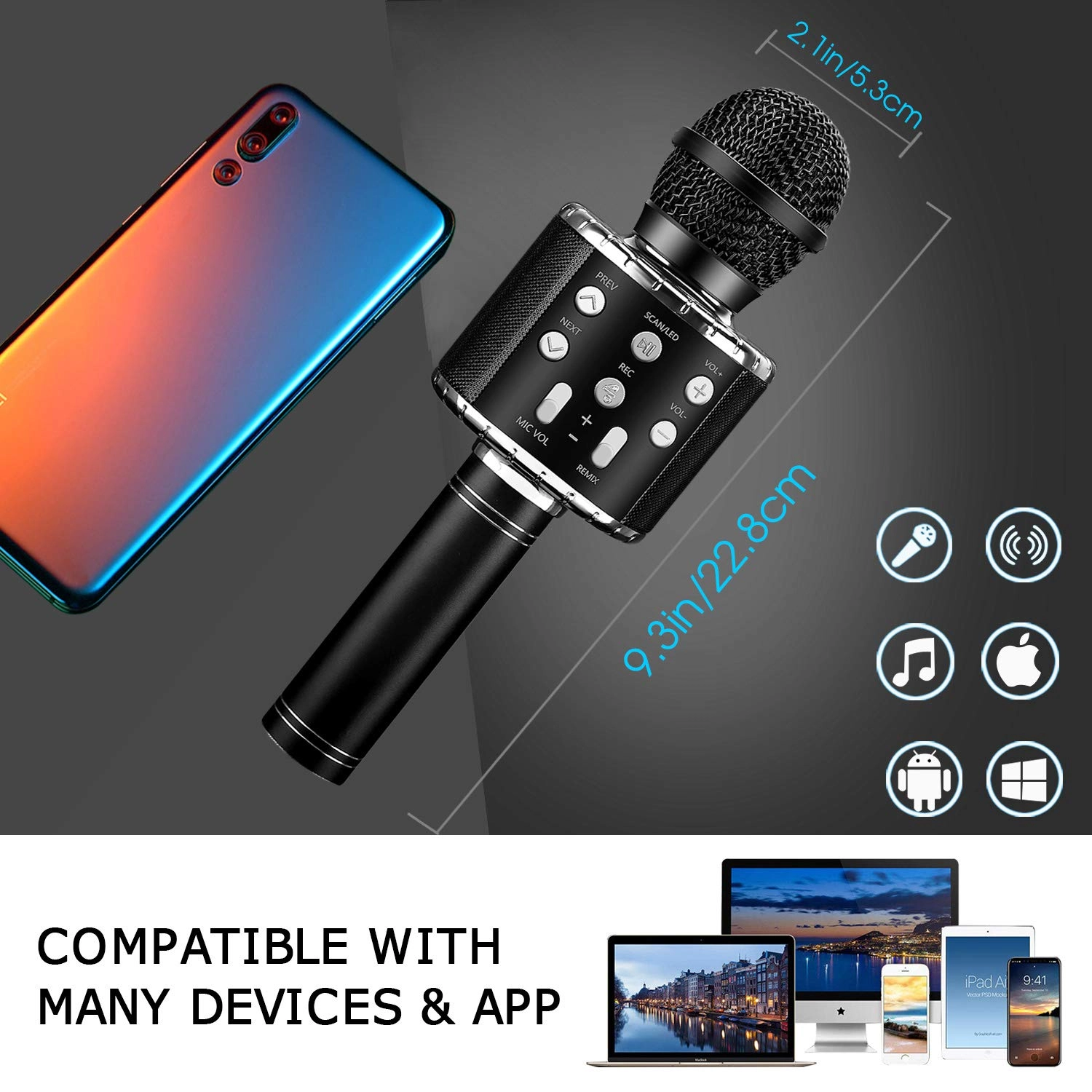 Karaoke Kids Microphone - 5 in 1 Wireless Bluetooth Black