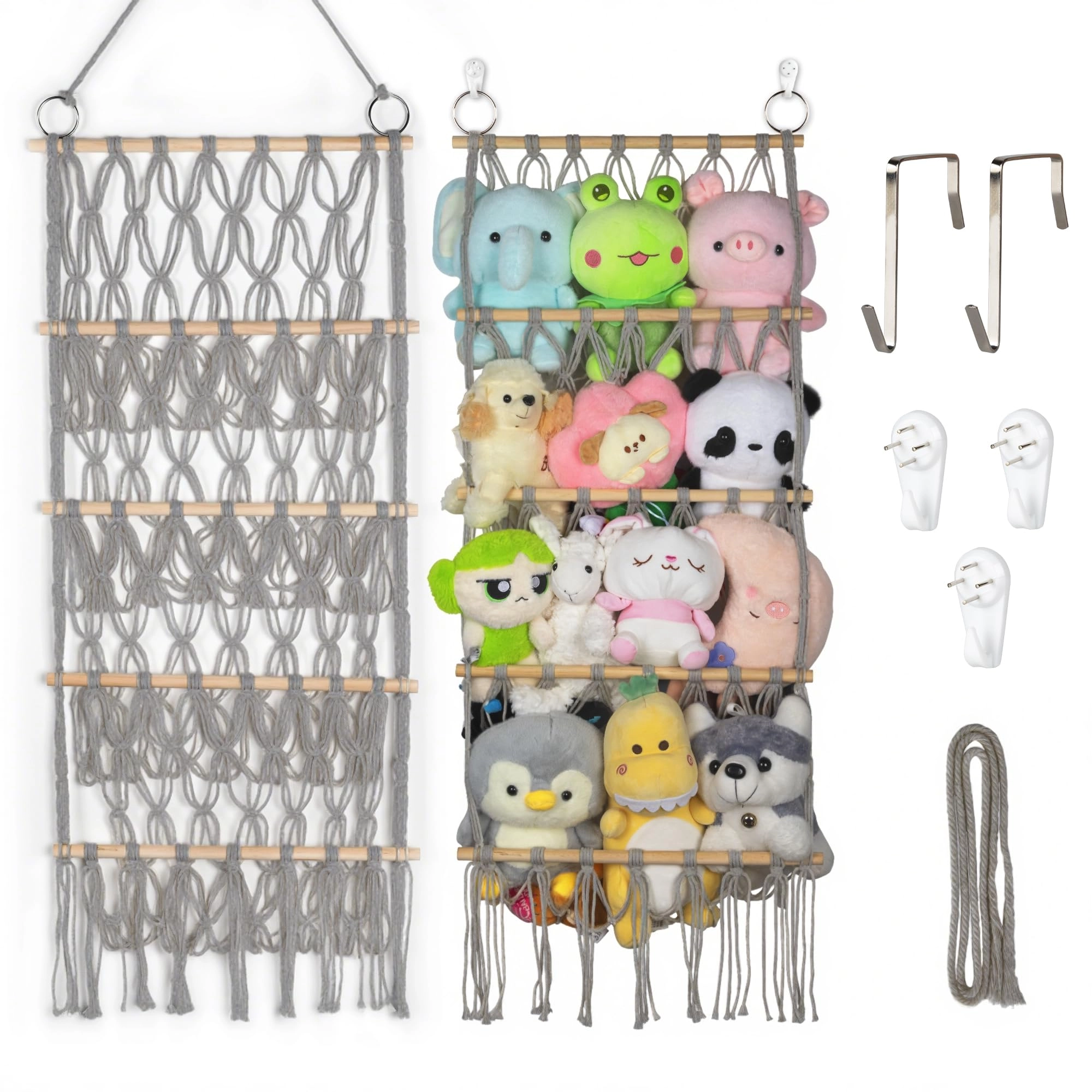 qoroos Stuffed Animal Storage Hammock - 42cm Gray Boho Macrame