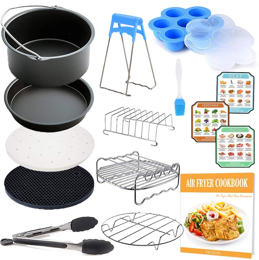 DEMEDO Pizza Pan + Cake Baking Pan + Multipurpose Skewers Rack + Metal Holder Toasting Rack + Food Tongs + Air Fryer Liners + Silicone Oil Brush + Silicone Mat + Pan Gripper + Egg Bite Molds + Recipe Cookbook - Food Grade
