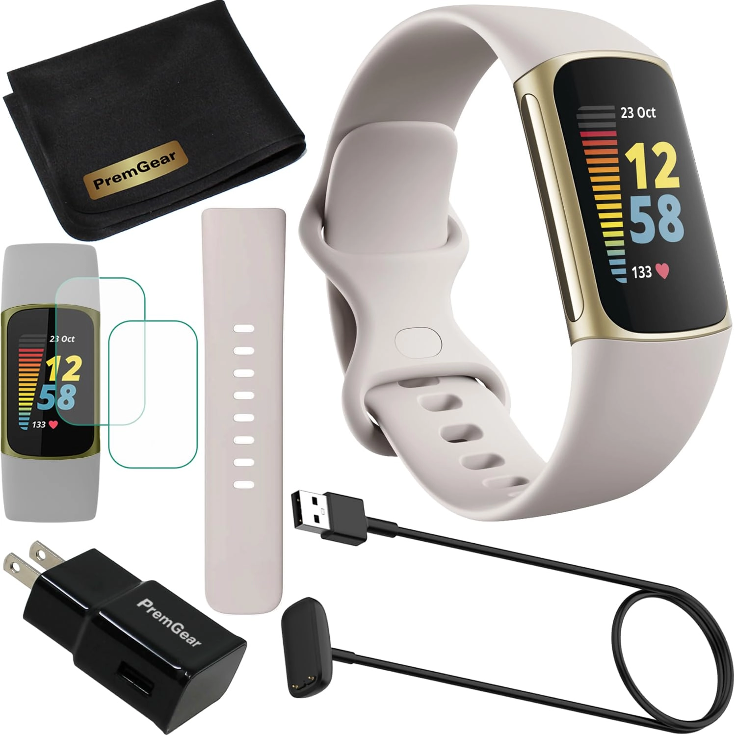 Fitbit-PremGear Charge 5 + Watch Bands + 3.3foot Charge Cable + Wall Adapter + Screen Shield + Quality Cleaning Cloth