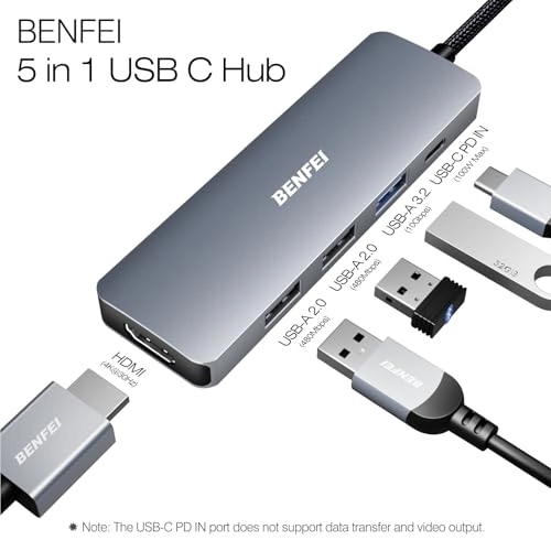 5in1 USB C Hub - 4K HDMI 3 USB-A 100W Power Delivery