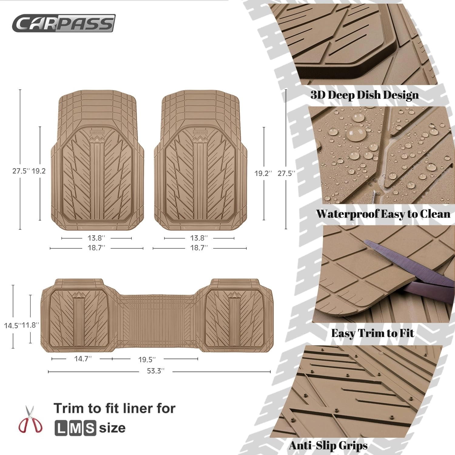 Rubber Floor Mats - All Weather Trim-to-Fit 3-Piece