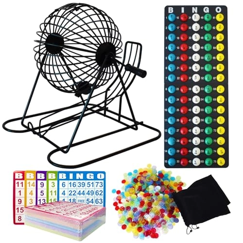 Yuanhe Jumbo Bingo Game Set - 11" Metal Round Cage 75 Colored Balls 100 Bingo Cards