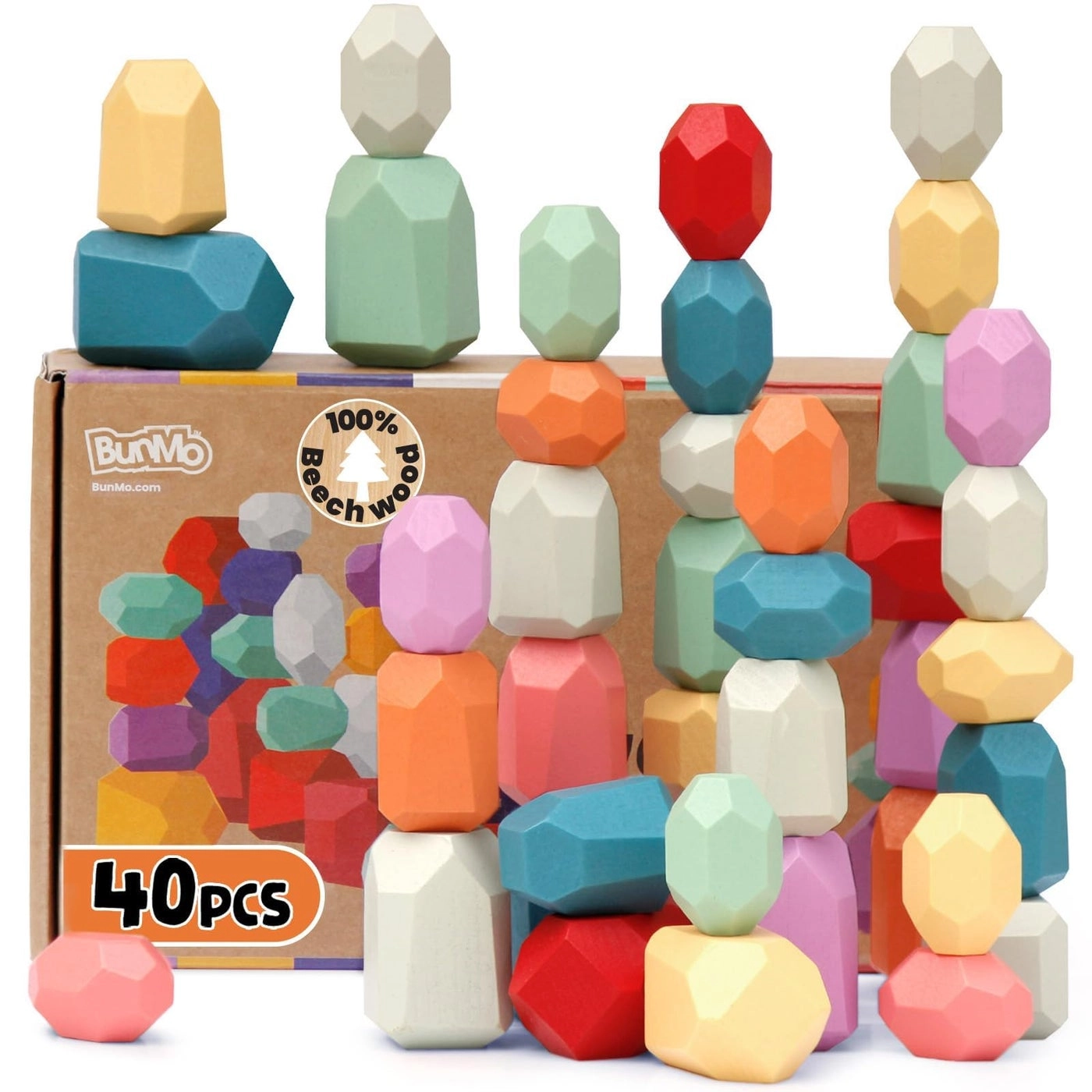 BUNMO Wooden Stacking Blocks - 3 Years Old 40pcs