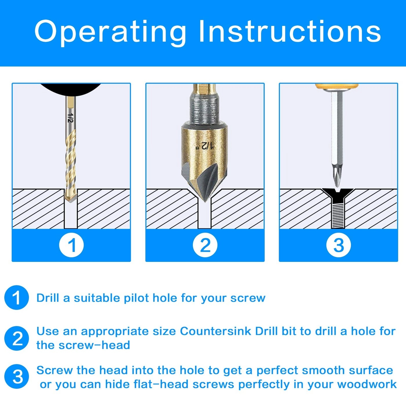 Countersink Drill Bit Set - M2 HSS 5-Piece 1/4” 3/8” 1/2” 5/8” 3/4”