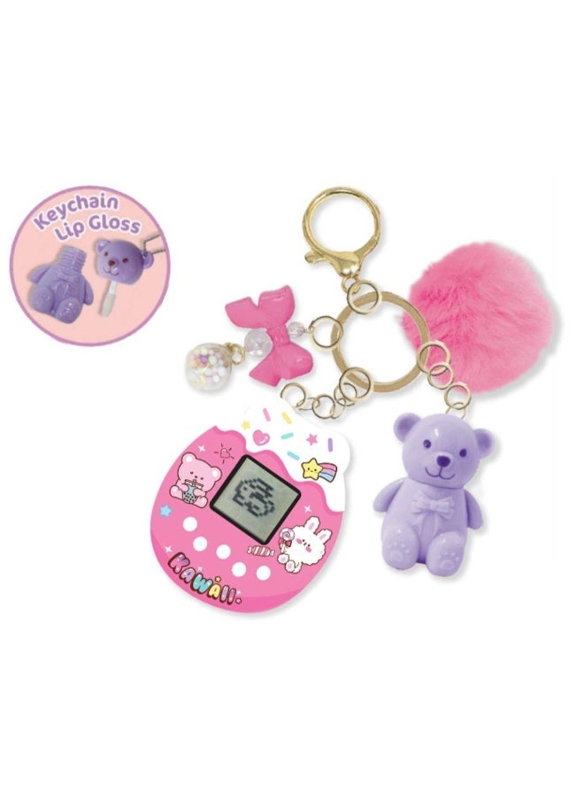 Digital Pet Game Device - 168+ virtual pets + Plush Bear Charm + Lip Gloss Keychain - 5 years+