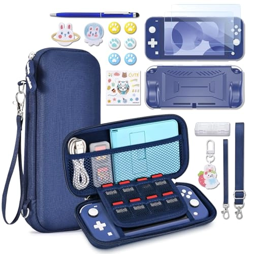 Switch Lite Carrying Case - Turquoise + Switch Game Case + Switch Lite Screen Protector + Switch Stand + Switch Thumb Grips