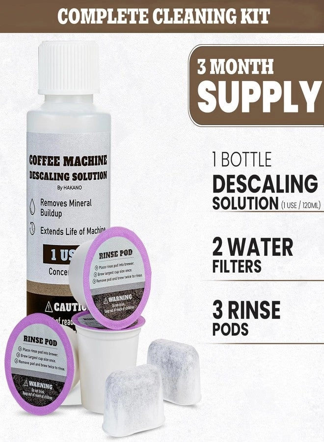 Brewer Care Cleaning Maintenance Kit - 3 Month + Descaling solution - 1 Bottle + Rinse Pods - 3 + Water Filters - 2