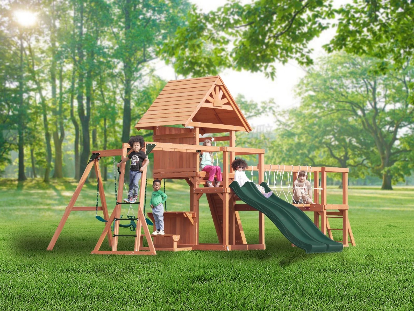 Double Decker Everest Swing Set - wooden roof 660 x 665 x 332 cm
