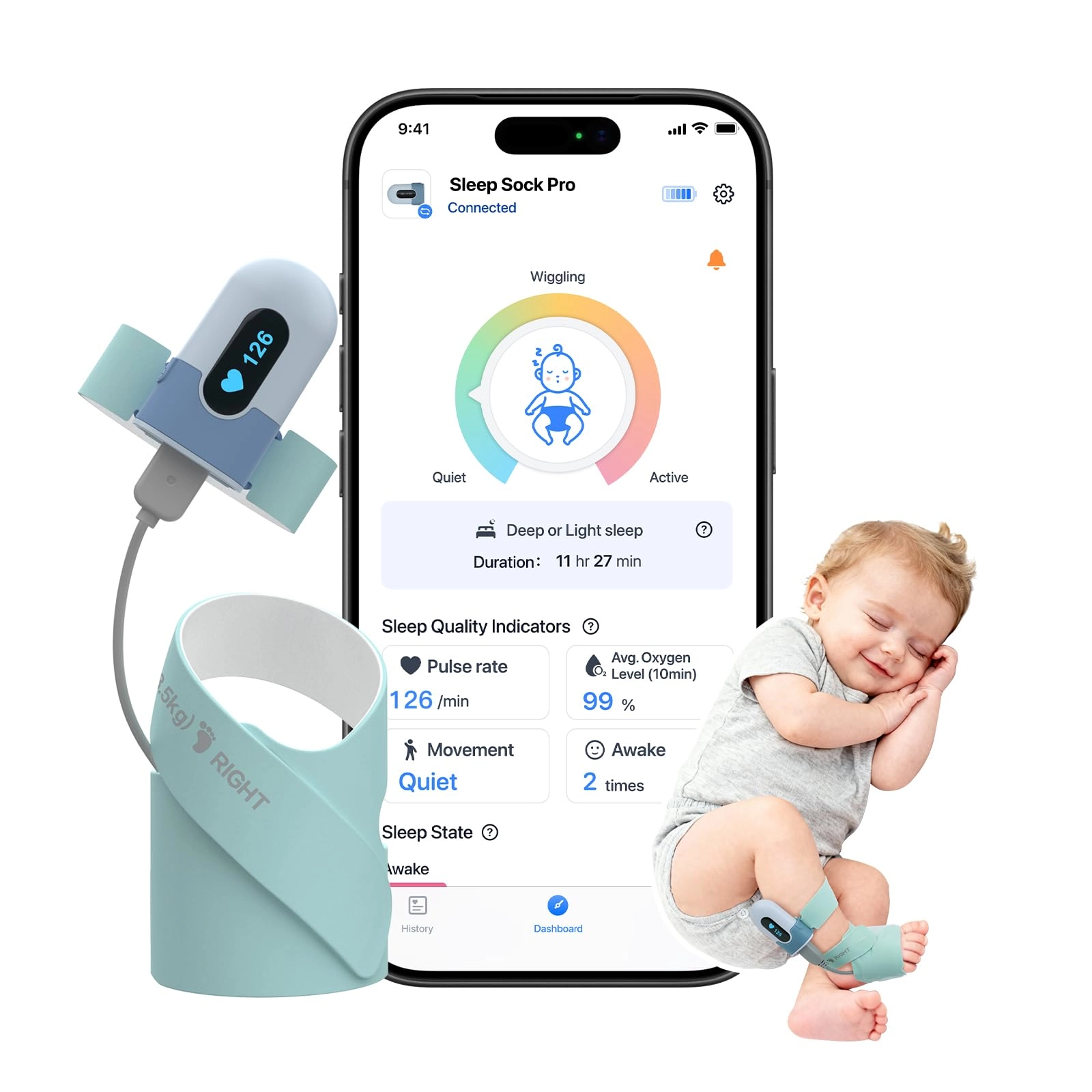 babytone Baby Sock Monitor - Real-Time Heart Rate Movement Bluetooth