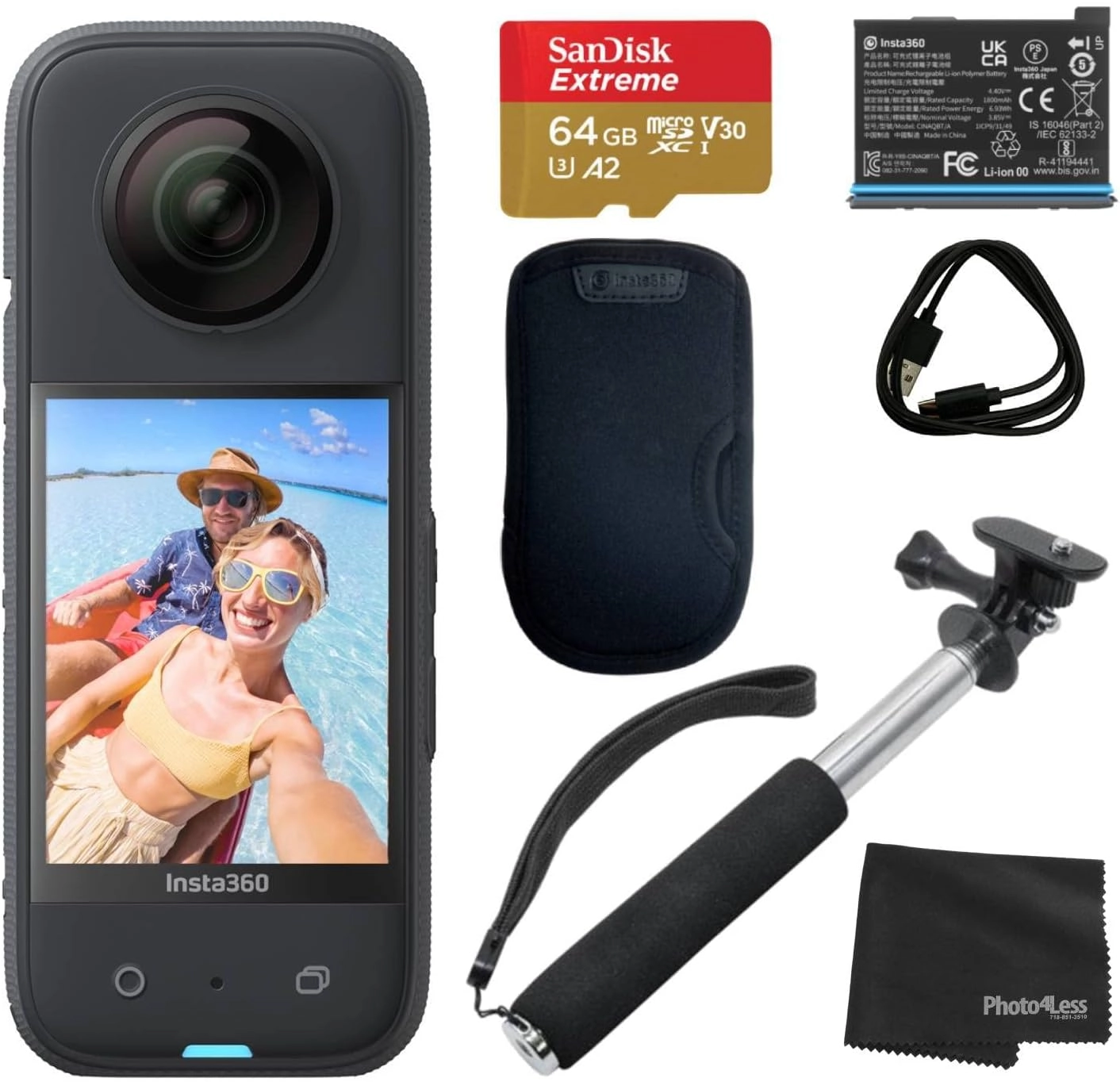 X3 - 360 5.7K + Case + Invisible Selfie Stick - 70cm + Extra Battery + Lens Cap + Memory Card - 64GB