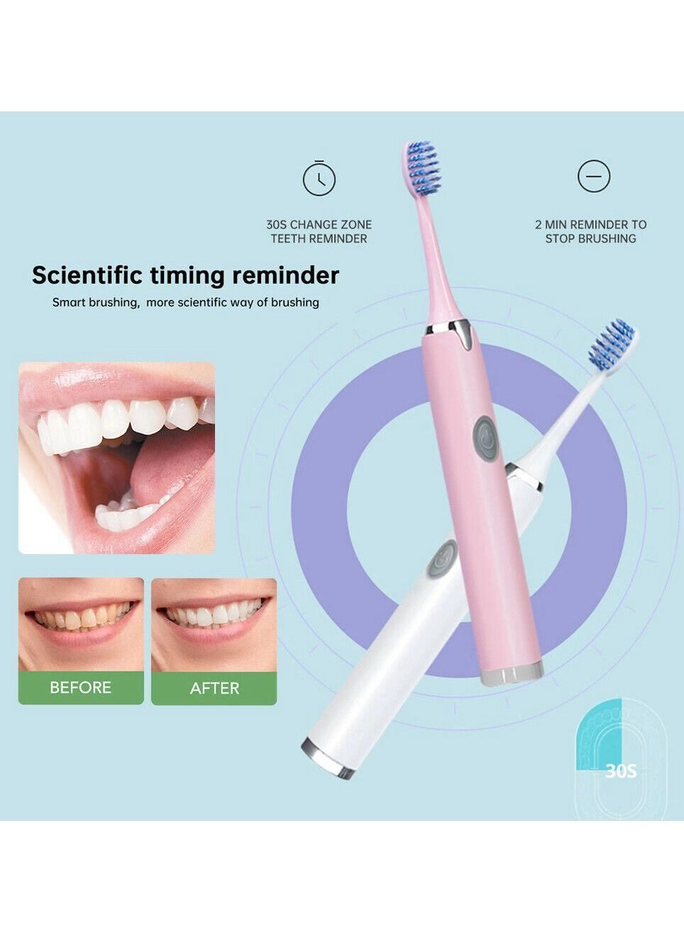 Electric Toothbrush - Powerful Sonic Blue 3 Brushheads