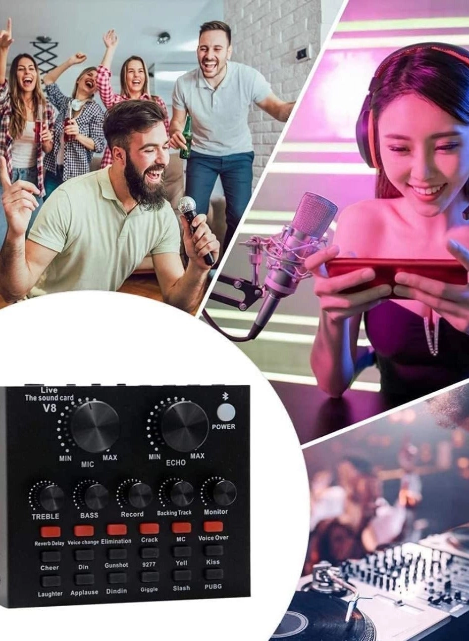 Condenser Microphone + V8S Live Sound Card Wireless+USB+3.5mm-Mini-Jack Microphone