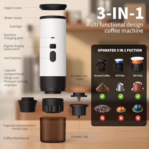 3-in-1 Portable Self-Heating Coffee Maker - 60 Milliliters ground coffee and capsules